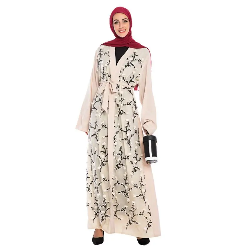 3D Flowers embroidery muslim opened abaya female full length prayer cardigan kimono islamic cardigan robes with belt F1463