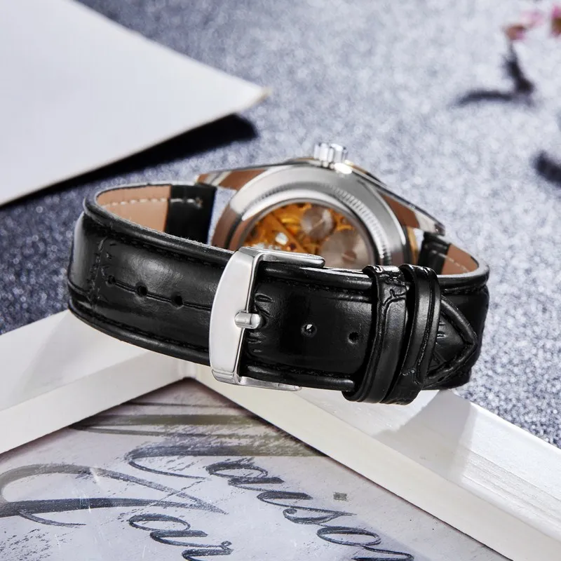 Gorben Black Leather Strap Mechanical Clock Male Self-winding Automatic Mechanical Watch Men Skeleton Watches Wristwatch