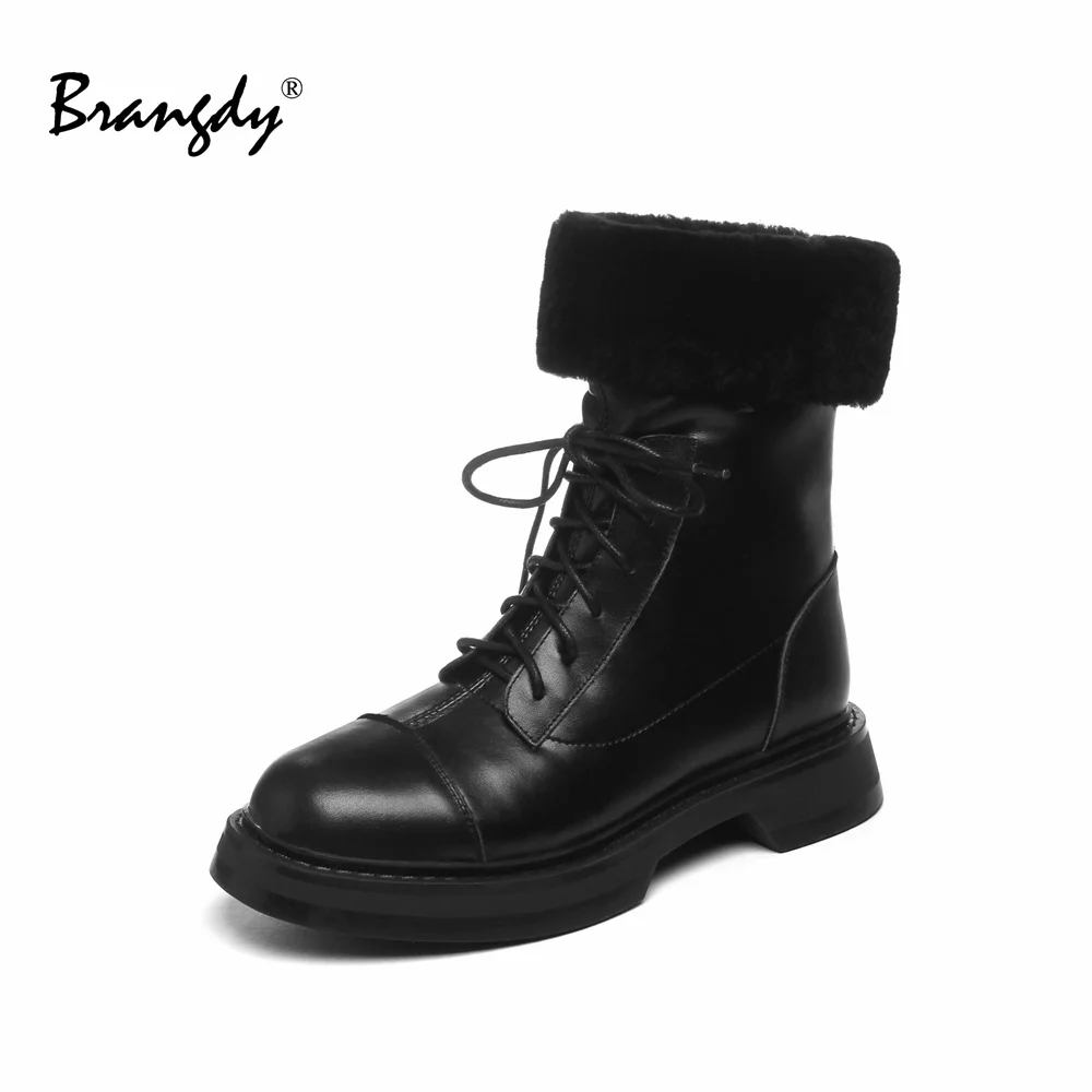 

Brangdy Morden Women Boots Genuine Leather Wool Women Shoes Round Toe Lace Wedges Womens Winter Ankle Boots Zipper Sewing