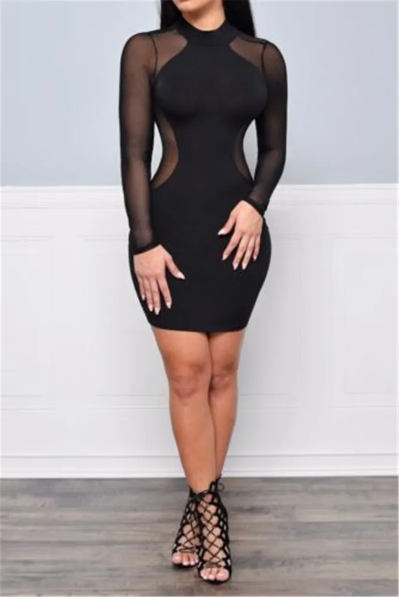 Sexy kobiety sukienka przepuszczalność Mesh bandaż Bodycon z długim rękawem kobiety odzież wieczorowa, Sexy odzież klubowa Sexy Mini sukienka w