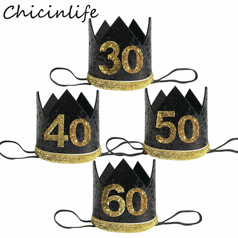 Chicinlife 1Pcs 30 40 50 60 Year Old Crown Birthday Headband Birthday Party Hats Adult Anniversary Cap Headwear Decor Supplies