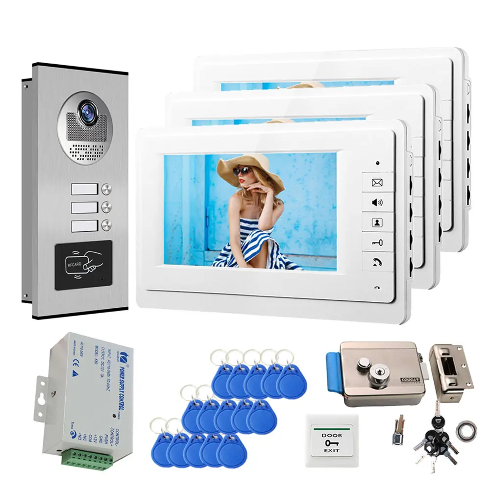 7นิ้วสีประตูวิดีโอโทรศัพท์ Doorbell RFID Access Control ระบบกล้องสำหรับ2/3/4ชุด Multi อพาร์ทเมนท์ Intercom