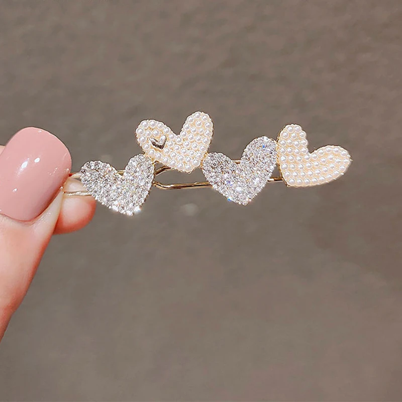 1Pc Fashion Crystal Rhinestones Hairpin Heart Love Shape Women Hair Clips Pearl Barrettes Hair Styling Accessories