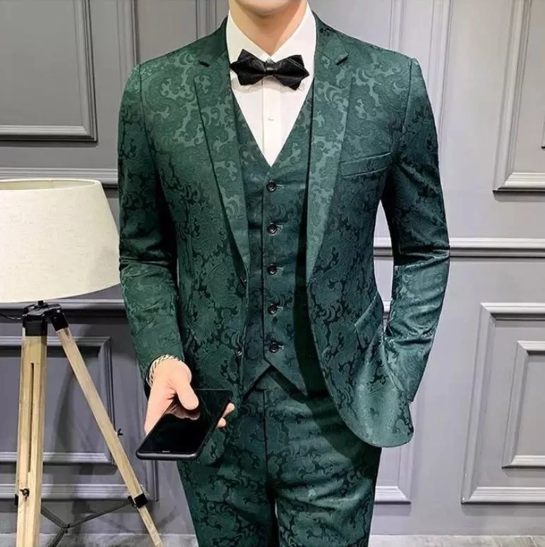 

2025 Fashion 3 Pieces Men Suits Dark Green Printed Floral Groom Smoking Prom Best Man Blazer Slim Fit Men Wedding Suits Tuxedo