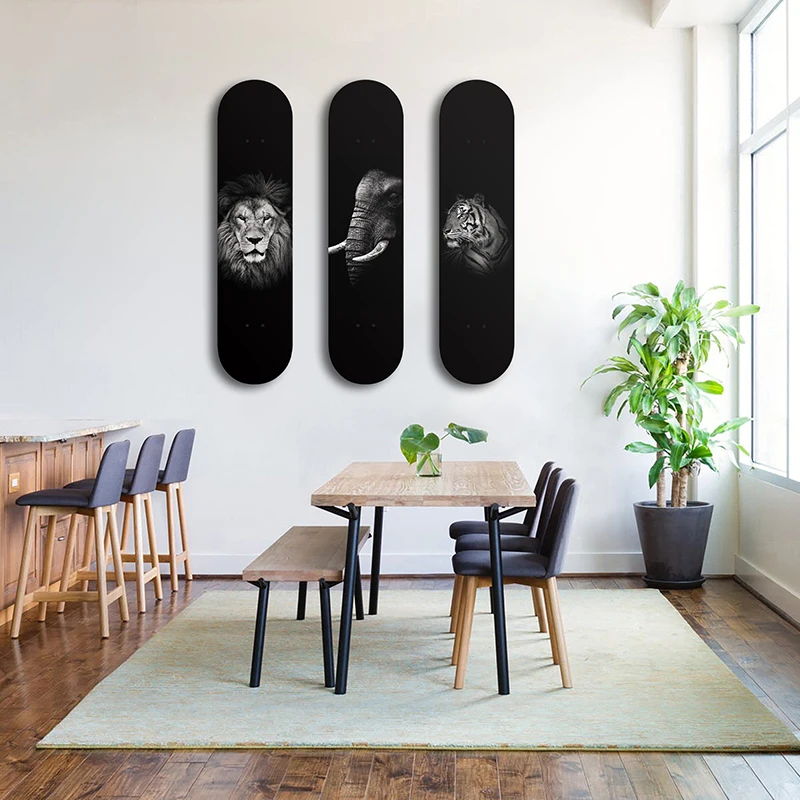 

Animals Lion Elephant Leopard Tiger Decorative Skateboard Art Collection Skate Deck Mural Wall Hanging for Teen Room Decoration