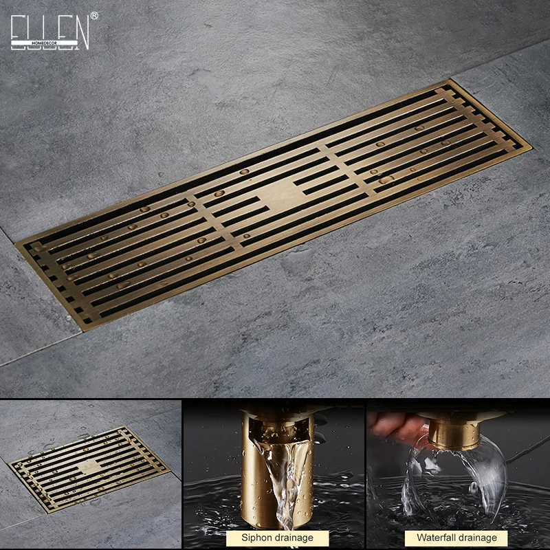 

Euro Style Antique Brass Bathroom Linear Shower floor Drain 8*20cm/8*30cm Wire Strainer Art Carved Cover Waste Drainer ELD211