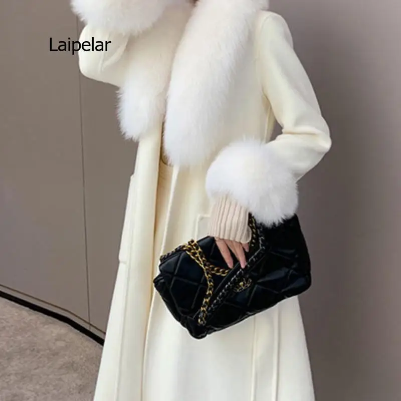 Woolen Coat Women Natural Fox Fur Collar Long Coat Cashmere Wool Blend Women Streetwear 2021