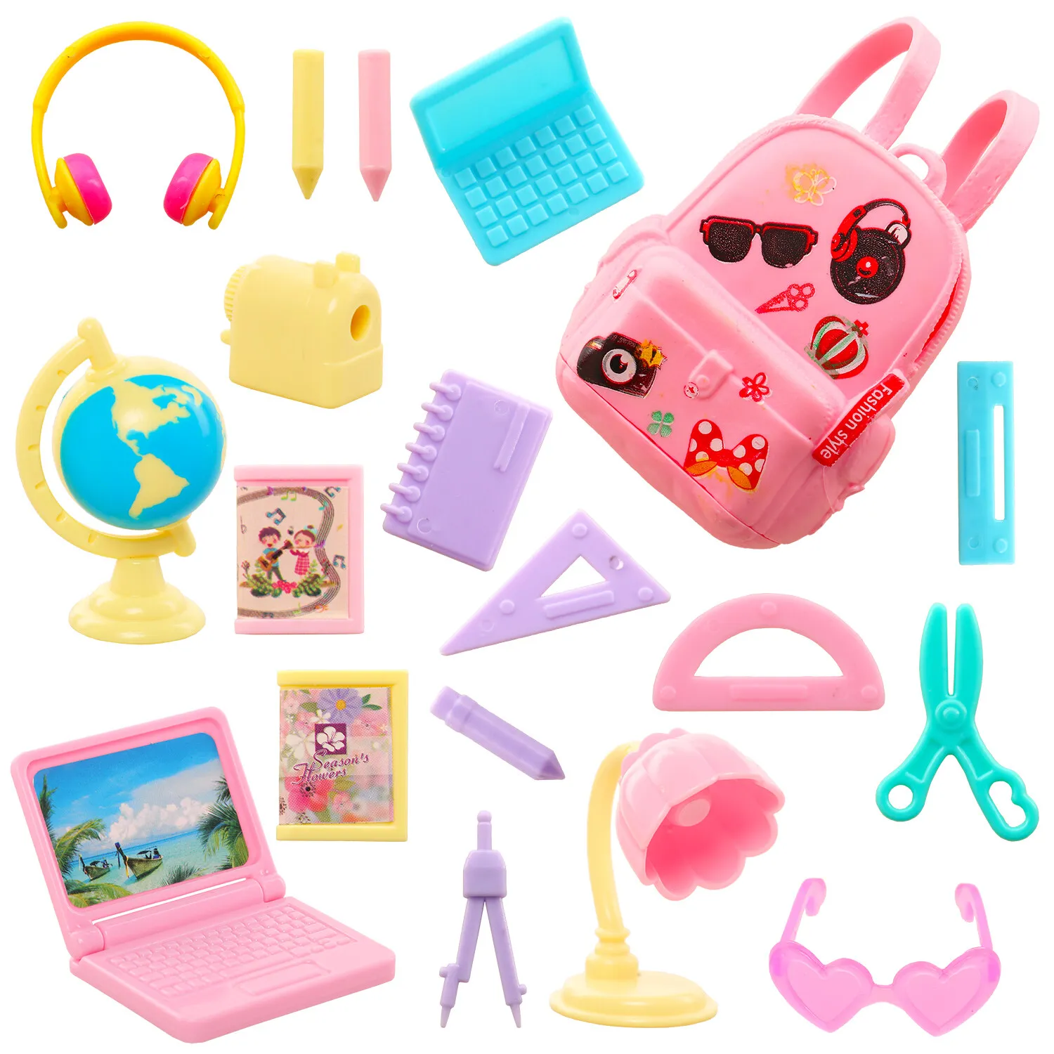 Fashion 18 Doll Furniture School Equipment Mini Classroom Accessories Set=15 School Supplies+1 School Bag+1 Computer+1 Headset