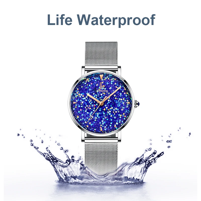 IK Colouring-reloj de cuarzo con cielo estrellado para mujer, pulsera de malla de acero inoxidable, femenino