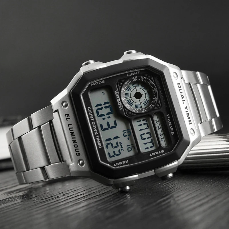 SYNOKE Men\'s Sports Watches Business Stainless Steel Digital Watch Men Military Wristwatch 5ATM Waterproof montre sport homme