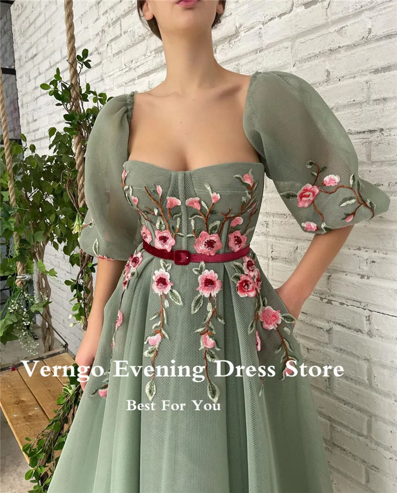 Verngo – robe de bal de forme trapèze, à manches mi-longues bouffantes, imprimé Floral, longueur cheville, robe formelle de fête, 2022