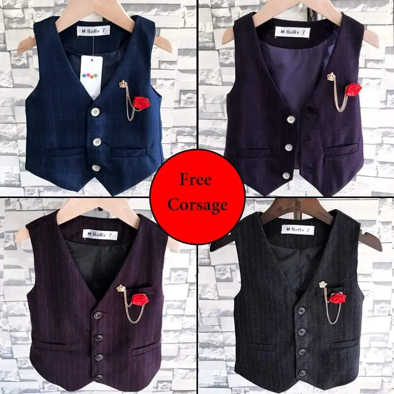 

Kids Boys Black Stripe Navy Purple Plain Formal Suit Vest + Corsage Toddler Wedding Birthday Waistcoat Gentleman Clothes