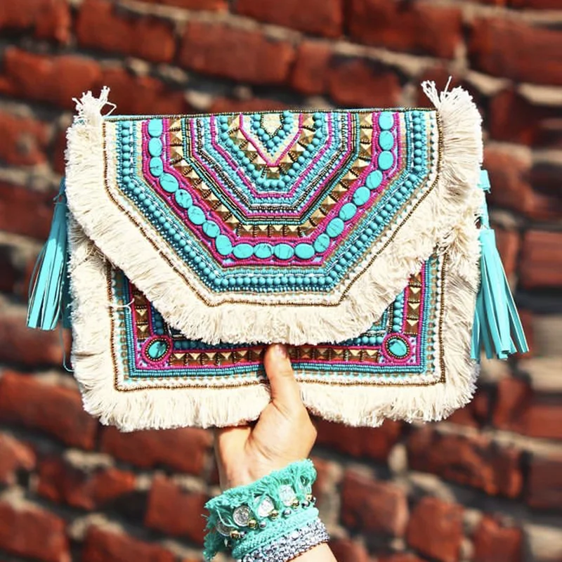 

DOYUTIG Indian Design Women's Ethnic Embroidery Hobo Bag Lady Bohemia Clutches & Crossbody Bag Vintage Tassel Envelope Bag F849