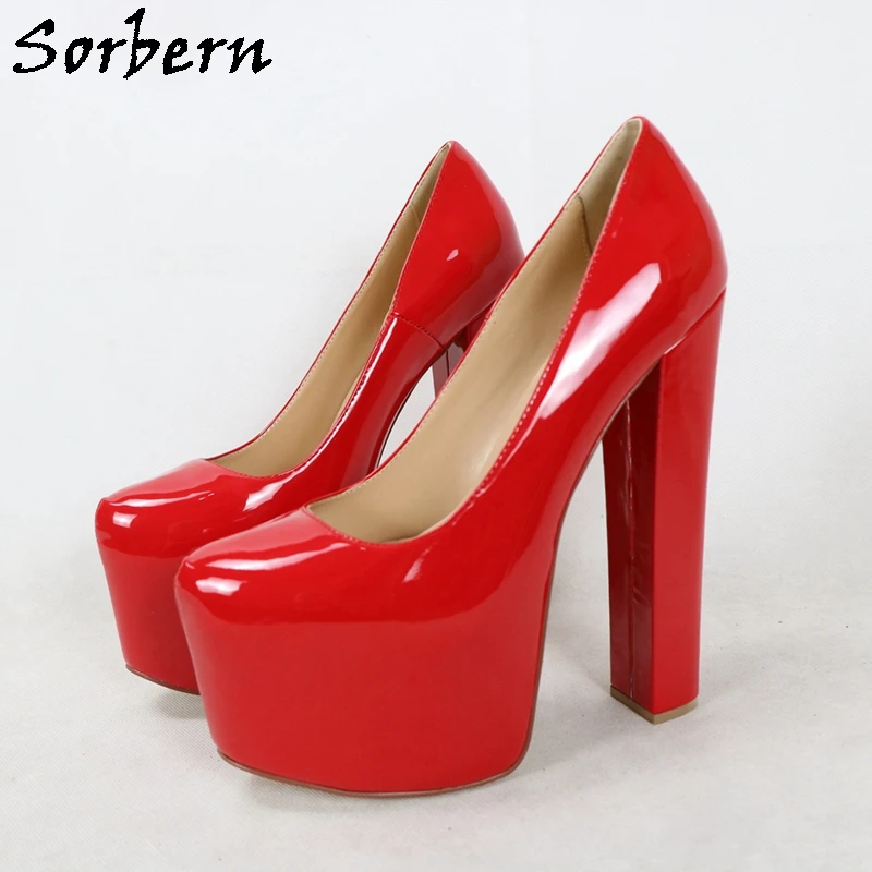 Sorbern 20Cm Red High Heel Platform Shoes Patent Block Heels Slip On Female Shoes Thick Platform Big Sizes 15 Custom Colors