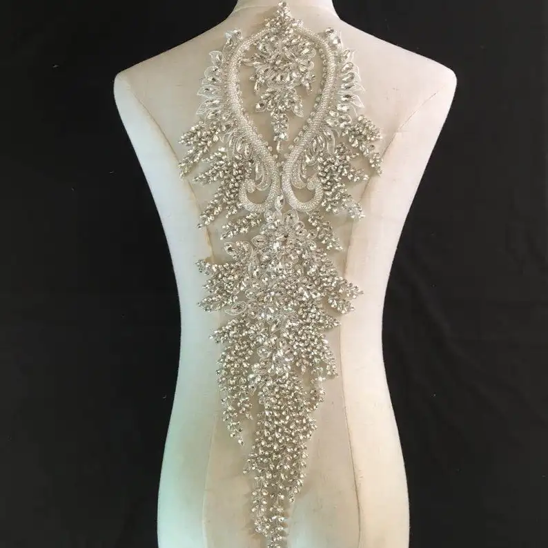 Large Rhinestone Bodice Applique Crafted Crystal Applique For Wedding Dress Hand Beading Rhinestone Patch Haute Couture