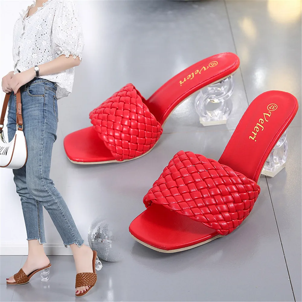 Women Woven 8 CM Heels Slippers 2024 Summer Fashion Mules Female Sexy High Transparent Heel Sandal Beach Slides Lady Shoes 35-43