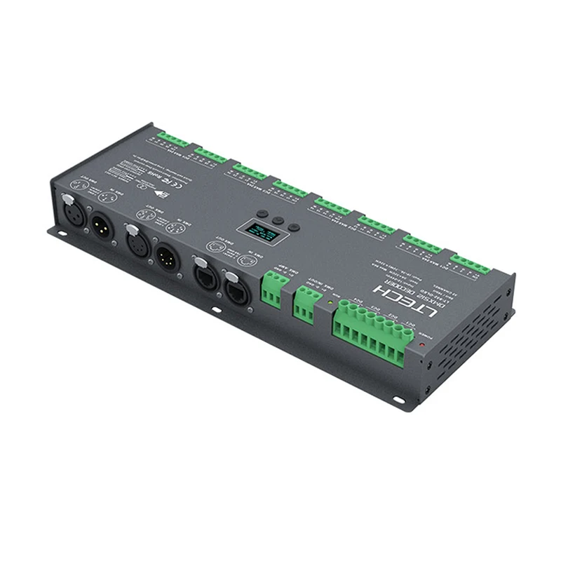 Ltech 24 Channel DMX Decoder 12-24V Input 3A*24CH 72A DMX512 Slaver XLR-3/RJ45 Led RGB Strip Use OLED Screen Display
