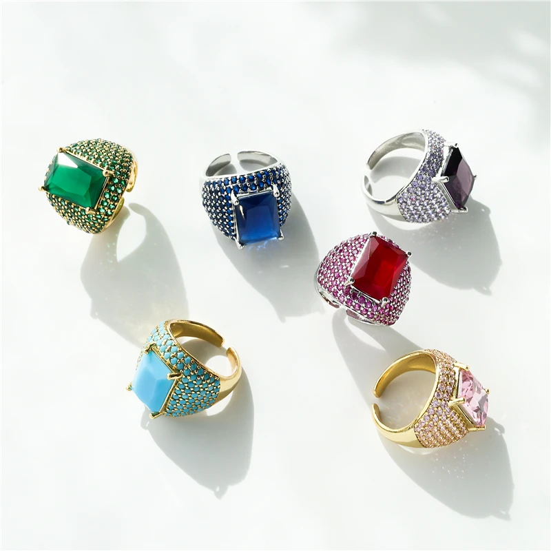 18K Gold Plated Brass CZ Statement Ring For Women Multicolor Cubic Zirconia Inlaid Adjustable Open Cocktail Jewelry Gift
