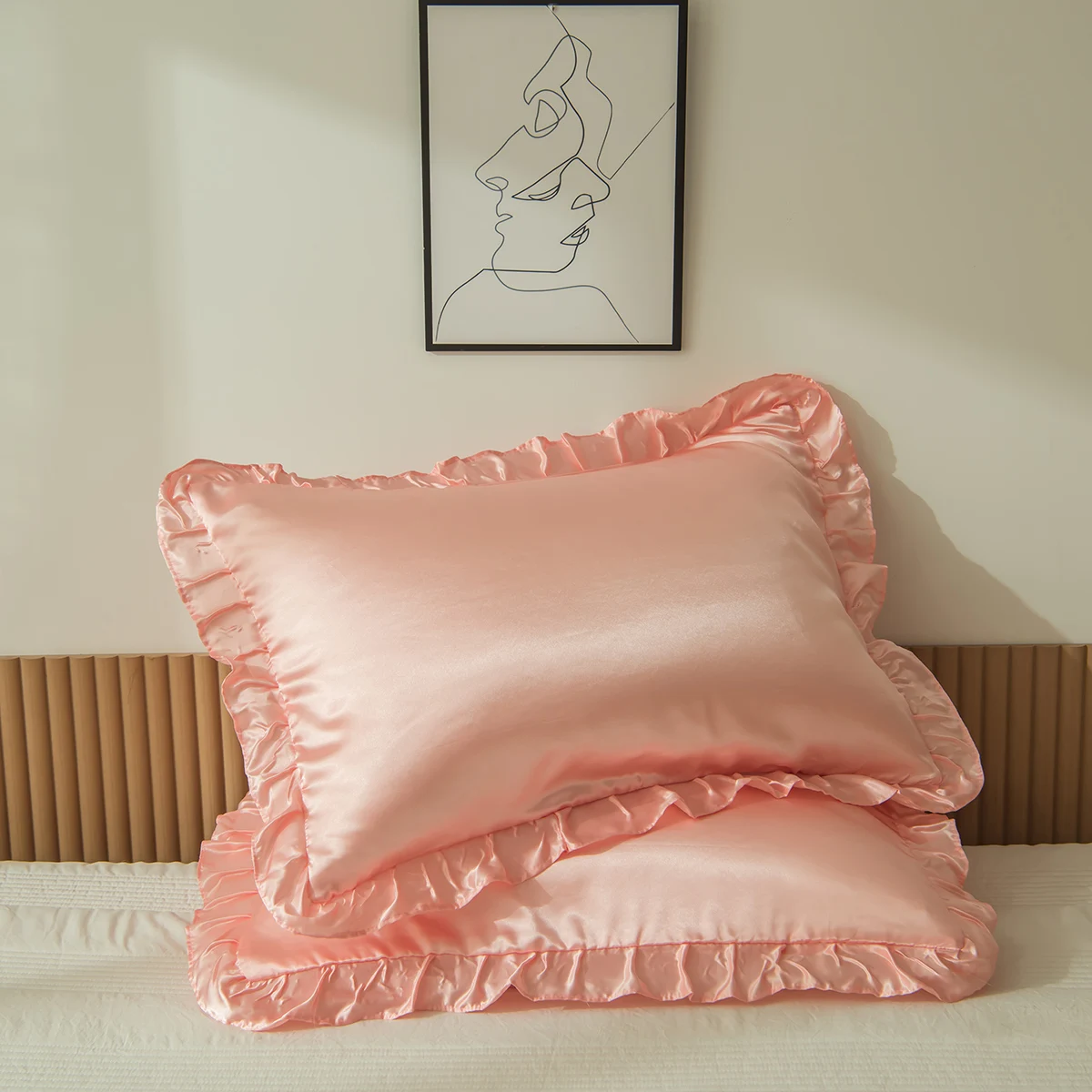 Pink Silk Satin Pillowcases Luxury Silky Ruffle Pillowcases Shabby Chic Ruffle Design Light Pink Royal Hotel Pillow Shams 2 Pack