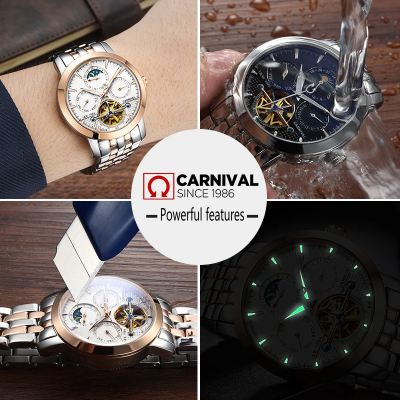 Carnival Brand Fashion Automatic Tourbillon Watch Men Luxury Mechanical Wristwatch Luminous Military Clock Relogio Masculino