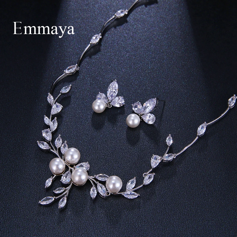 Emmaya Luxury Style Growing Leaves With Pearl Cubic Zircon Elegant Jewellry Sets Earring Necklace For Women Attending Party