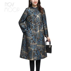 Novmoop sobretudo feminino de couro legítimo estampado floral pele de carneiro grande itália estilo luxuoso lt3365