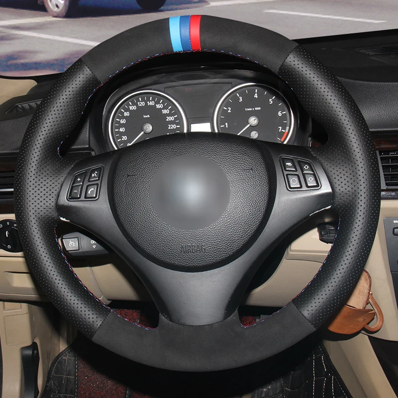 Black Suede Car Steering Wheel Cover for BMW E90 E91 E92 E93 E87 E81 E82 E88 X1 E84