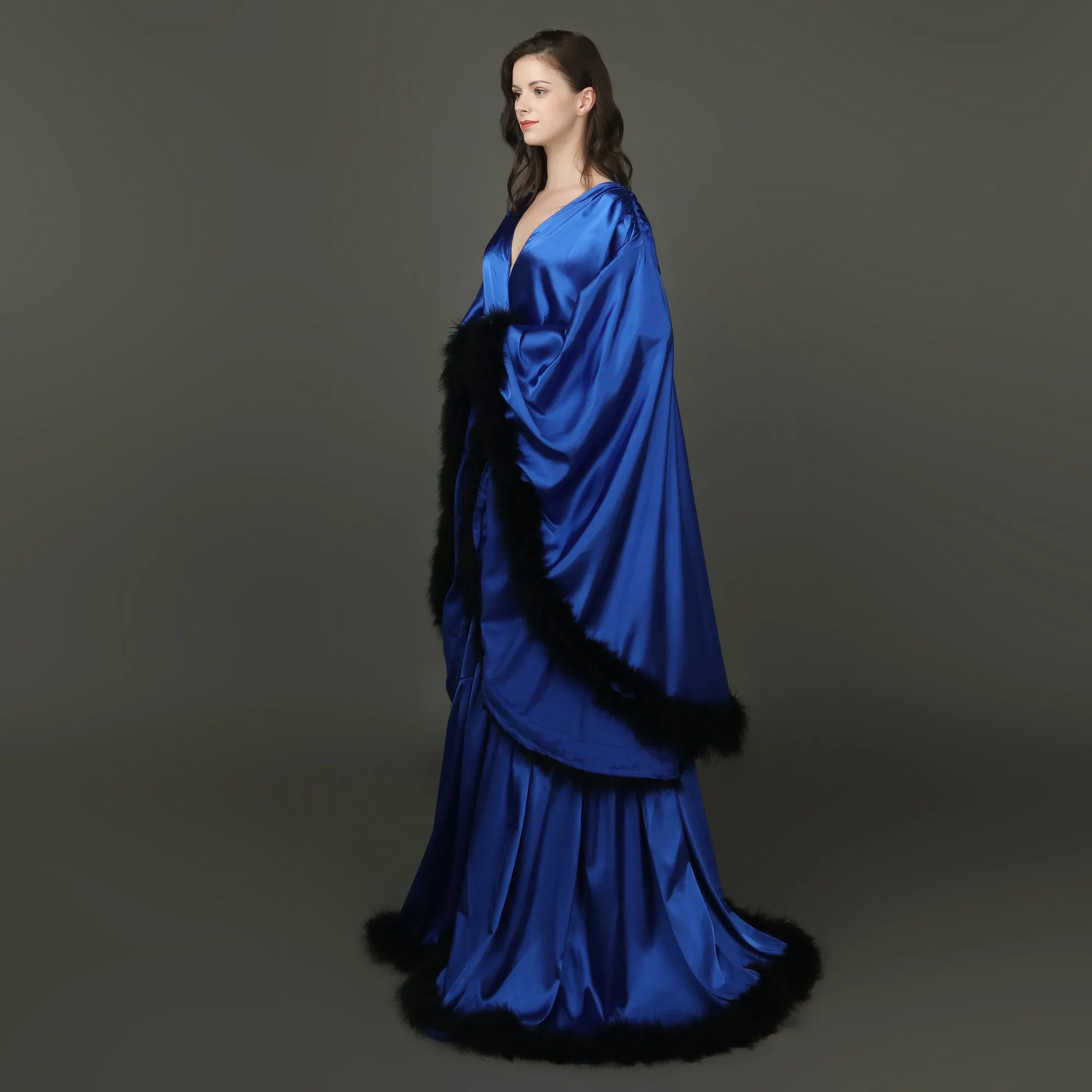 Elegant Baby Shower Pajamas Feather Wedding Shawls Photo Robe With Belt Big Cuffs Night Gown For Women Long Sleeve Custom Made view 5