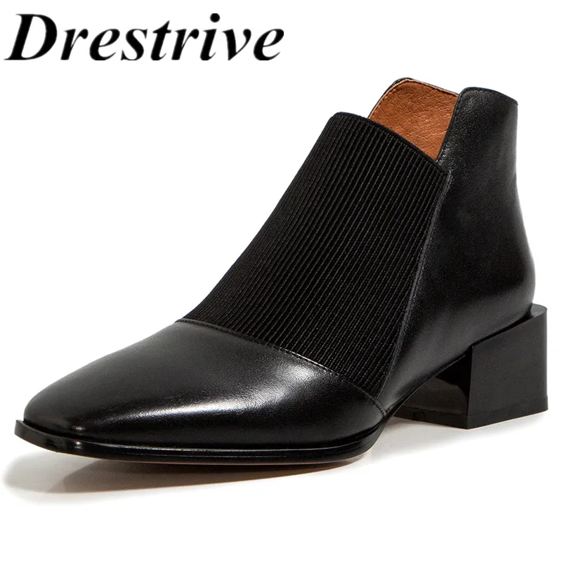 

Drestrive Woman Winter Shoes Cow Leather Patchwork Square Heels 4.5 cm Round Toe 2020 Females Ankle Boots Black Genuine Leather