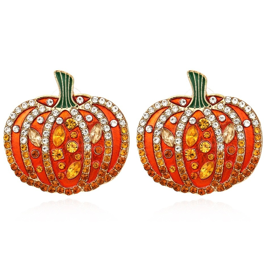  Exaggerated Colored Rhinestone Pumpkin Earrings Personality Creativity Retro Halloween Female Earrings 