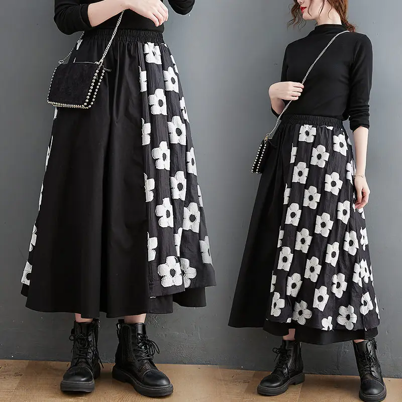 Contrasting Embroidered Stitching Double-Layer Skirt Spring Autumn Women's Elastic Waist Midi A-Line Skirt Mujer Faldas M1739