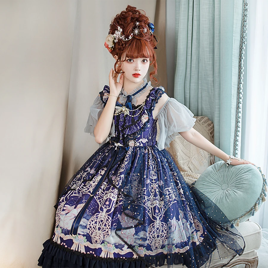 Paleis Prinses Zoete Lolita Jurk Vintage Kant Strik Hoge Taille Afdrukken Victoriaanse Jurk Kawaii Meisje Gothic Lolita Jsk Loli