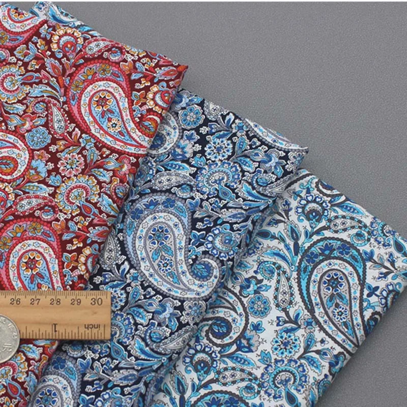 NEW Poplin 100% Cotton Ethenic Style WHITE NAVY RED Paisley Flower Fabric for Spring Summer Dress Shirt Blouse Quilt Craft Tissu