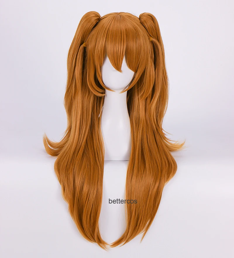 Pelucas largas de EVA Asuka Langley Soryu para Cosplay, peluca de cabello sintético resistente al calor, naranja con 2 Clips de cola de caballo, gorro de peluca, alta calidad