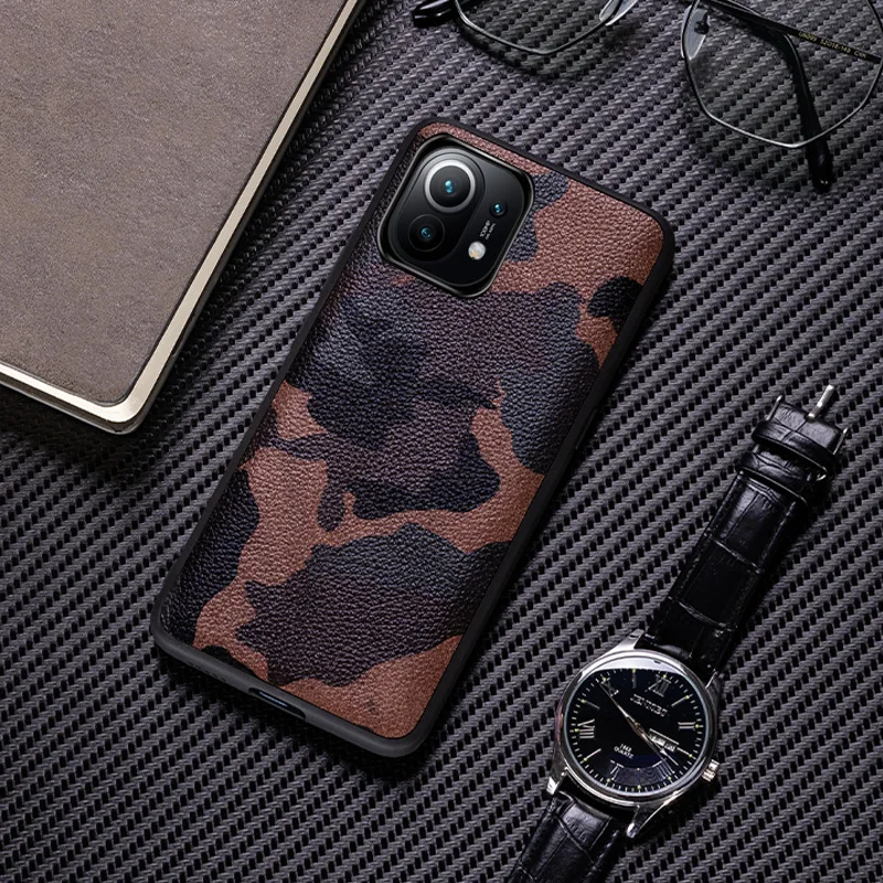 Genuine Leather Phone Case For Xiaomi Mi 12 11 10 Pro 9 SE Mix 4 Note 10 Pro Luxury Natural Cowhide Skin Cover Camouflage Paca