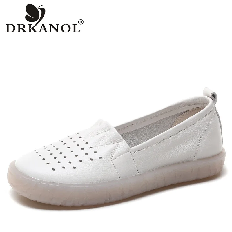 DRKANOL Hollow Genuine Leather Loafers Women Flat Shoes Breathable Slip On Summer Casual Shoes Pregnant Women Shallow Shoes