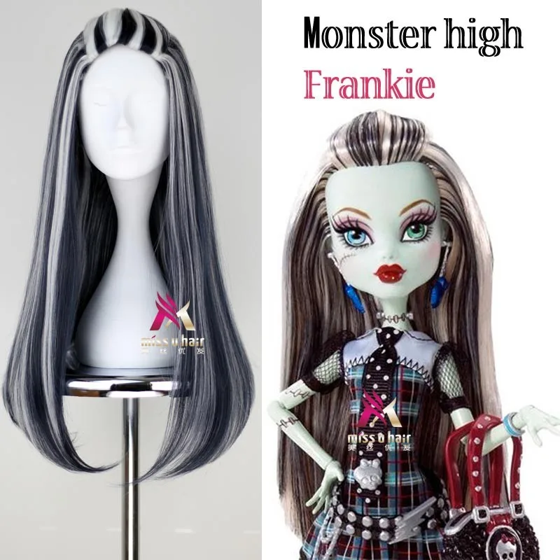 

New wig frankie Monster High Frankie Cosplay Wigs 65cm Black Mix White Halloween Party Synthetic Cosplay Wig +wig cap