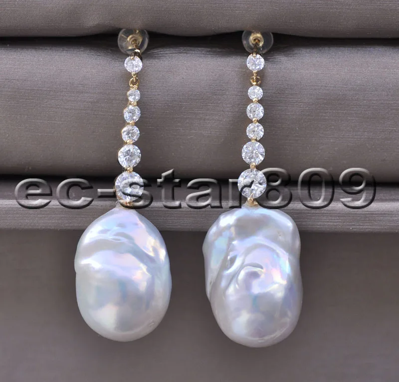 P6548 Lustre 26mm  Baroque White Keshi Reborn PEARL Dangle Earring CZ