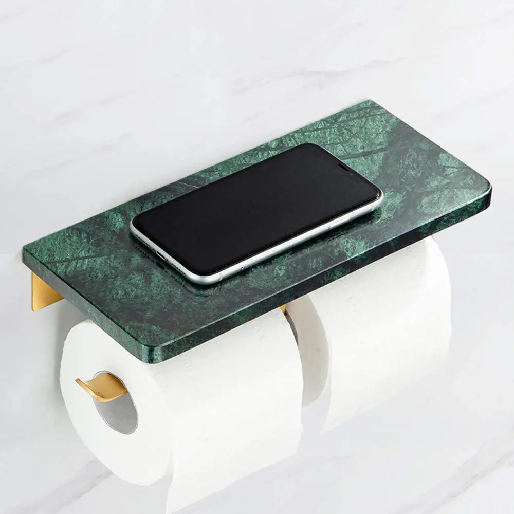 Marble Brass Bathroom Tissue Holder Wall Mounted Toilet Paper Holder with Mobile Phone Storage Shelf