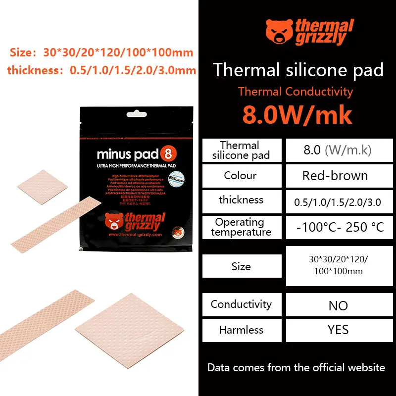 Thermische Grizzly Minus Pad 8 Cpu Gpu Thermal Pad 8.0W/Mk Warmtegeleiding Koellichaam Koeling Siliconen Pad grafische Koeler Warmte Pad