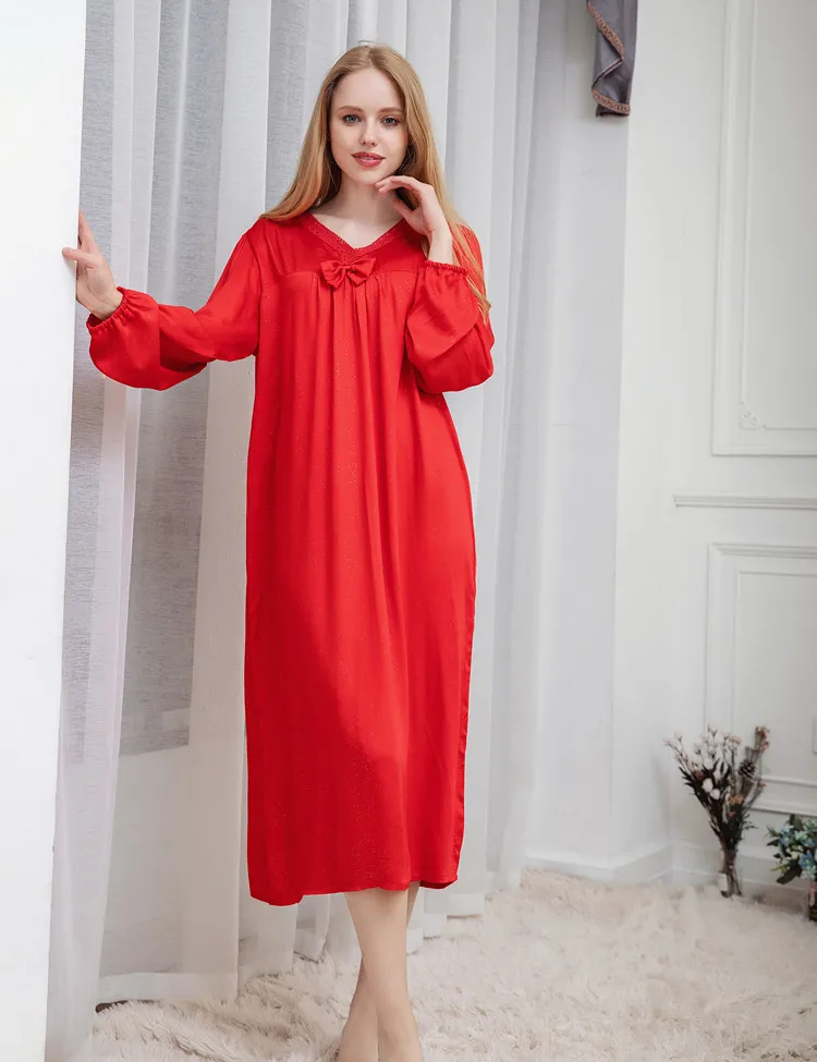 

Spring autumn ladies long sleeves long cotton satin royal luxury princess loose nightdress sleepwear elegant loose home wear