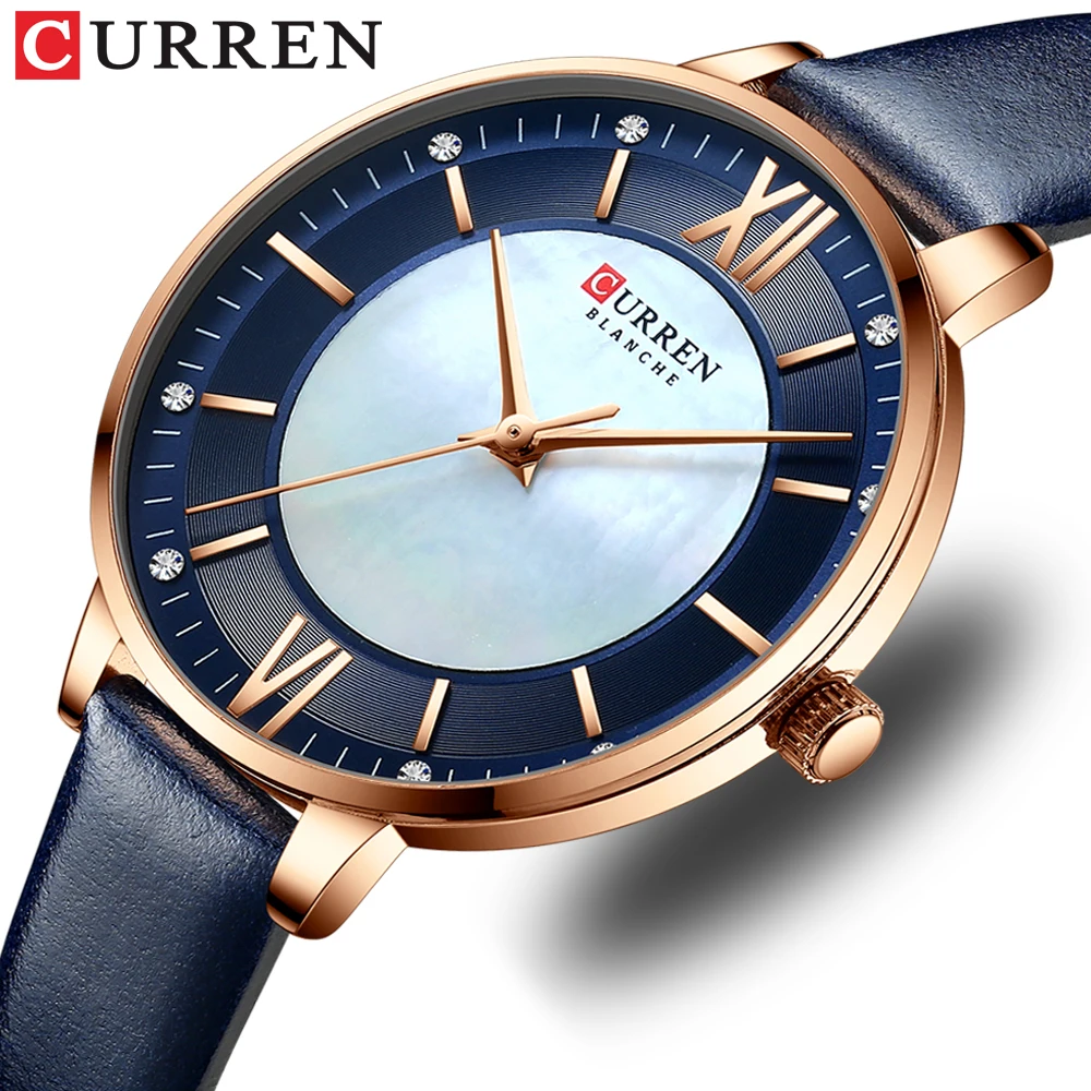 CURREN Branded Women\'s Watches 2021 Lux Elegant Ladies Wristwatch with Leather Bracelet Royal Blue Часы Женские