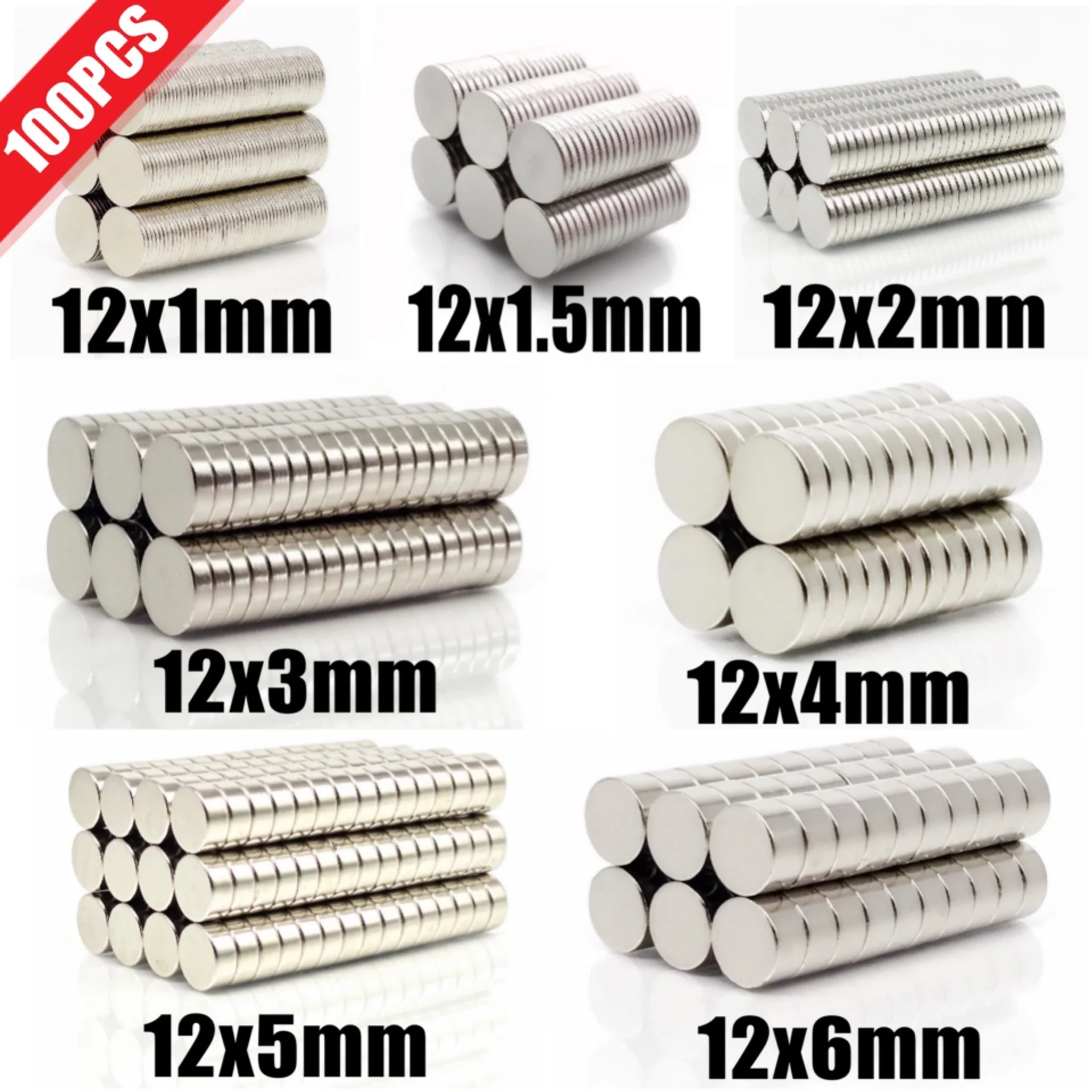 

100Pcs N35 Round Magnet 12x1 12x1.5 12x2 12x3 12x4 12x5 12x6 Neodymium Magnet Permanent NdFeB Super Strong Powerful Magnets 12*1