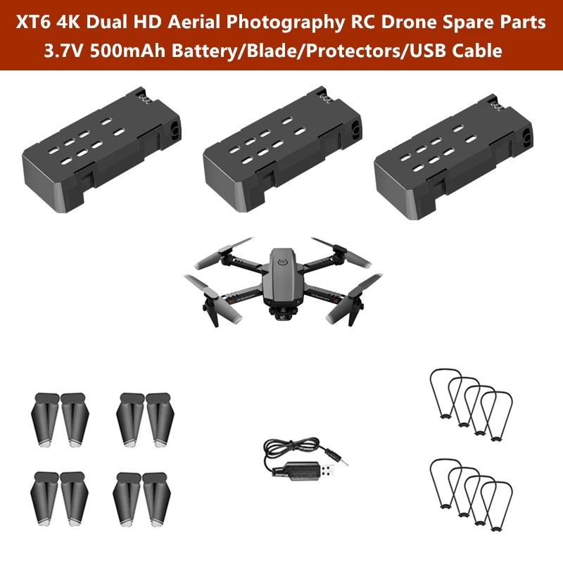 

XT6 4K HD Складной RC Дрон 3,7 В 500 мАч Батарея/Защитная рамка/Пропеллер/USB-кабель Запасная часть для квадрокоптера с дистанционным управлением XT6