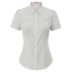 Women Shirt Retro Vintage Polka Dots Short Sleeve Shirts Summer Office Lady Casual Slim Design Square Collar Curved Hem Shirt