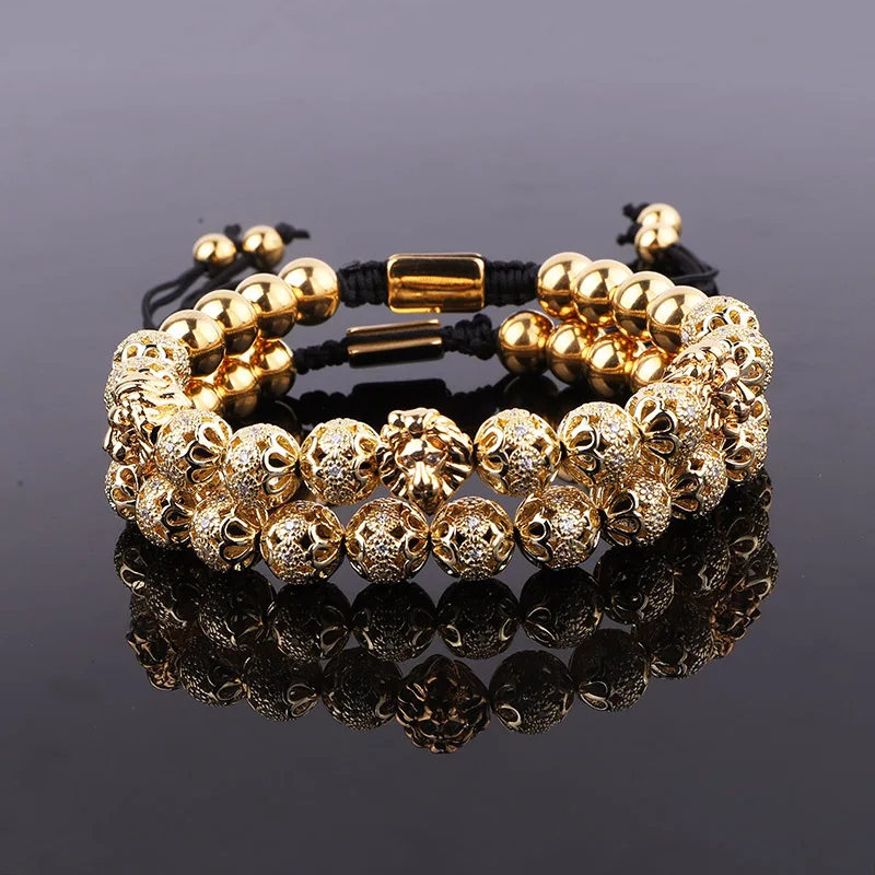 

New Design Luxury Men Lion Jewelry Gold Plated CZ Pave Ball Charm Beaded Macrame Couple Bracelet Set