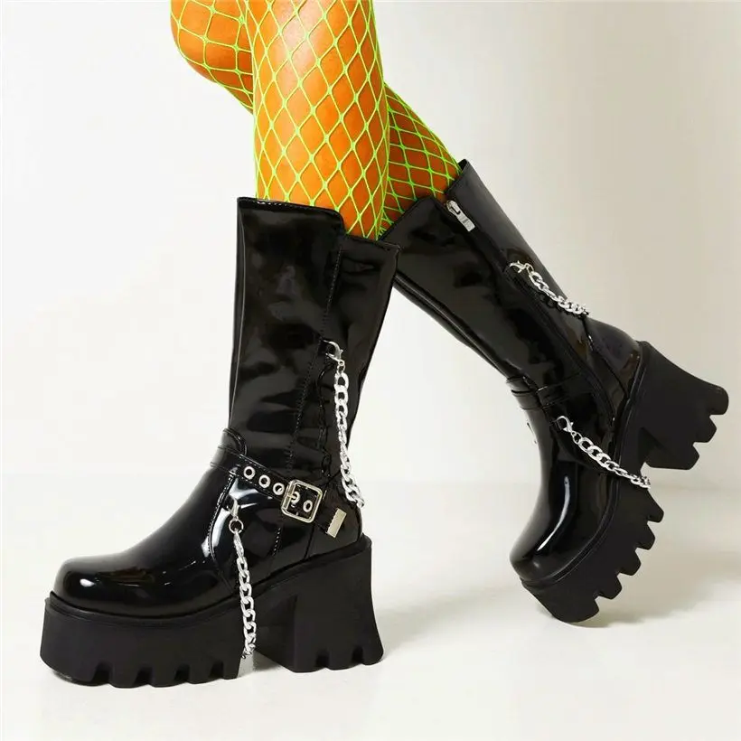 

Platform Motorcycle Boots Women Patent Leather Round Toe Mid Calf Boots High Heels Lace Up Buckle Creepers Shoes EUR35-43