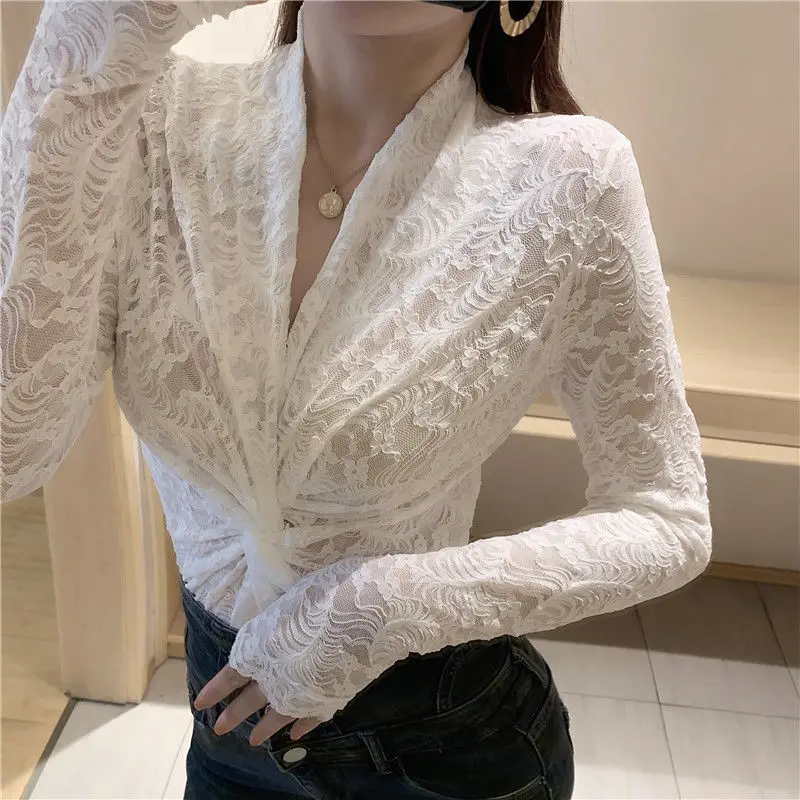 Elegant Gauze Lace Hook Flower Hollow Blouses 2023 Spring Autumn New Sexy V-Neck Slim Long Sleeve Blouse Women\'s Clothing Shirts