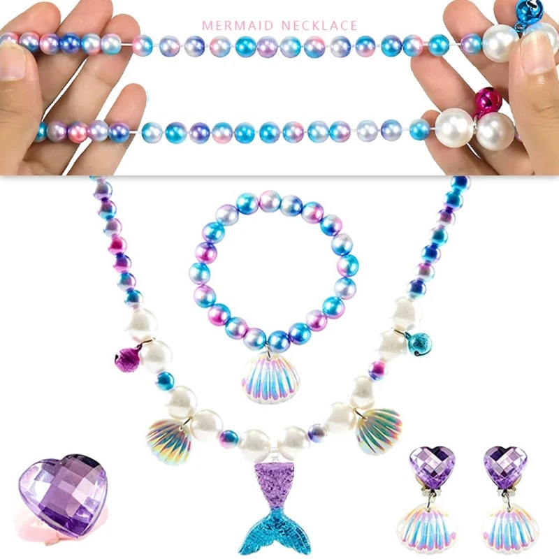 Children\'s Mermaid Themed Necklace Set Cute Girl 5 Pcs Kids  Princess Pearls Beads Necklace Bracelet Ring Set Jewelry Gift