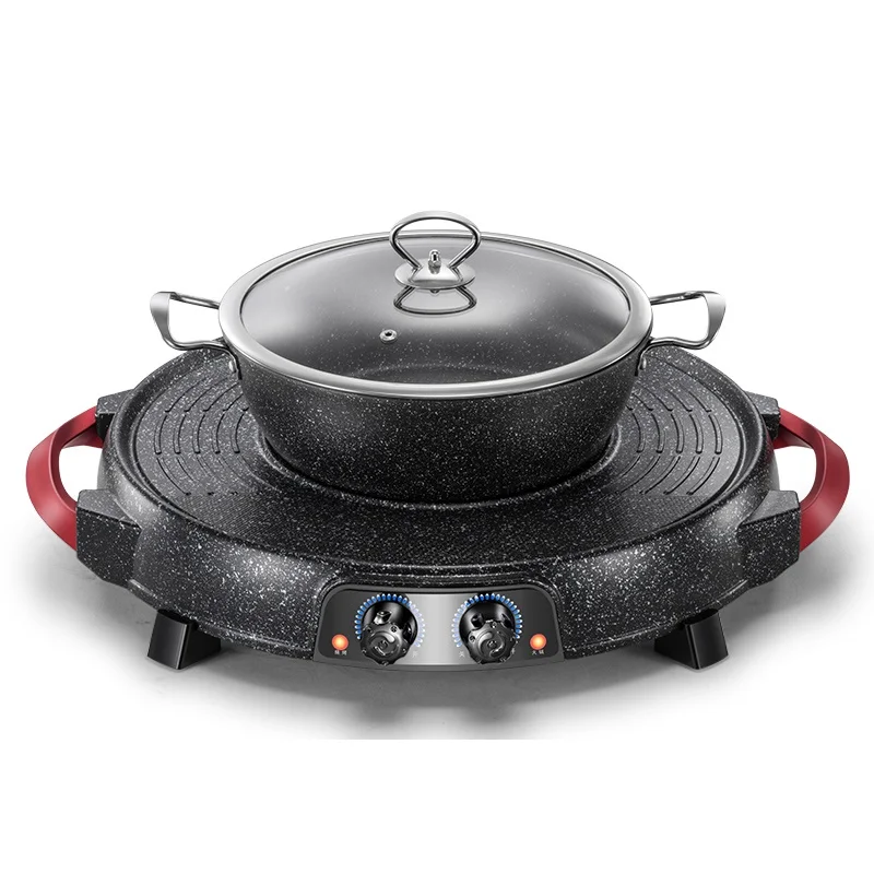 220V Elektrische Grill Grill Maschine 2 In 1 Eintopf Nicht-stick Haushalt Multi Herd Pan Heißer Topf Zwei flaver Heißer Topf